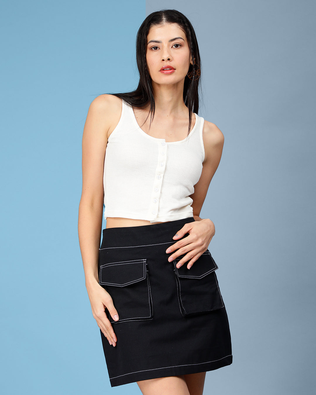 Off White Button Ribbed Crop Top Women