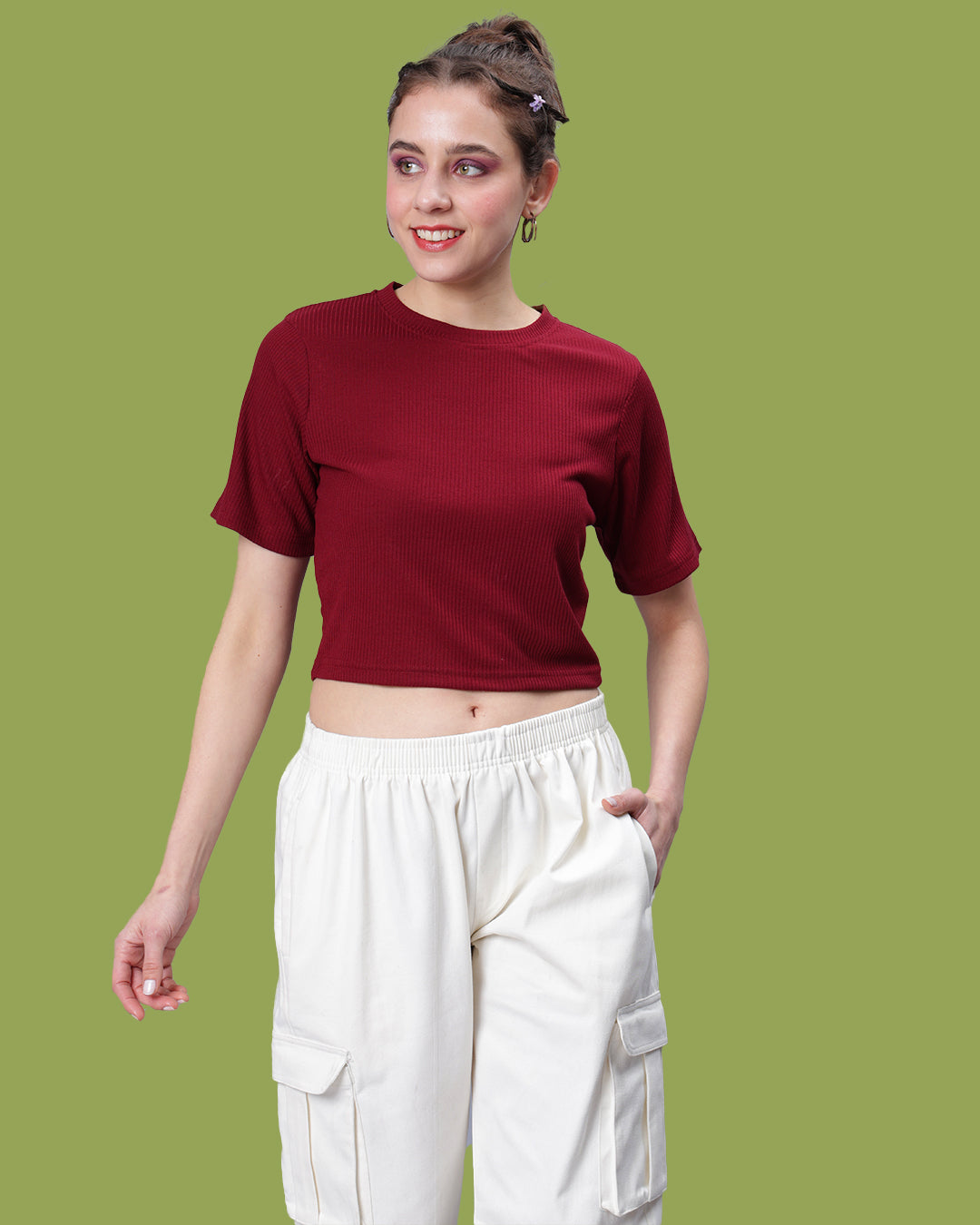 Maroon Ribbed Crop Top Women