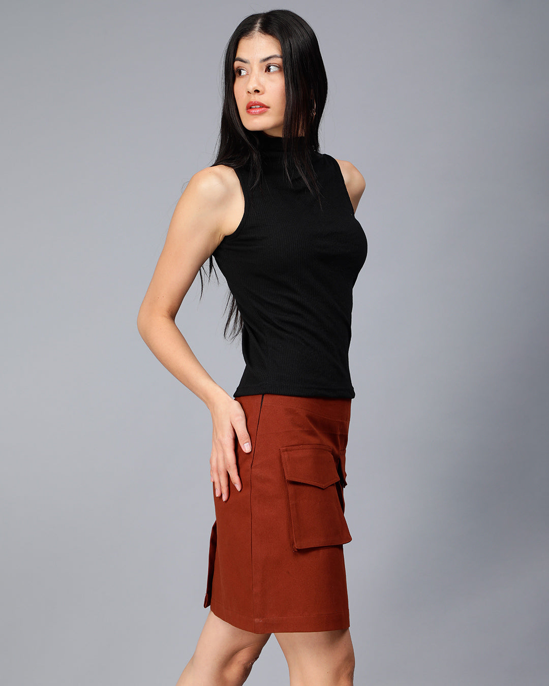 Black Turtle Neck Ribbed Crop Top Women