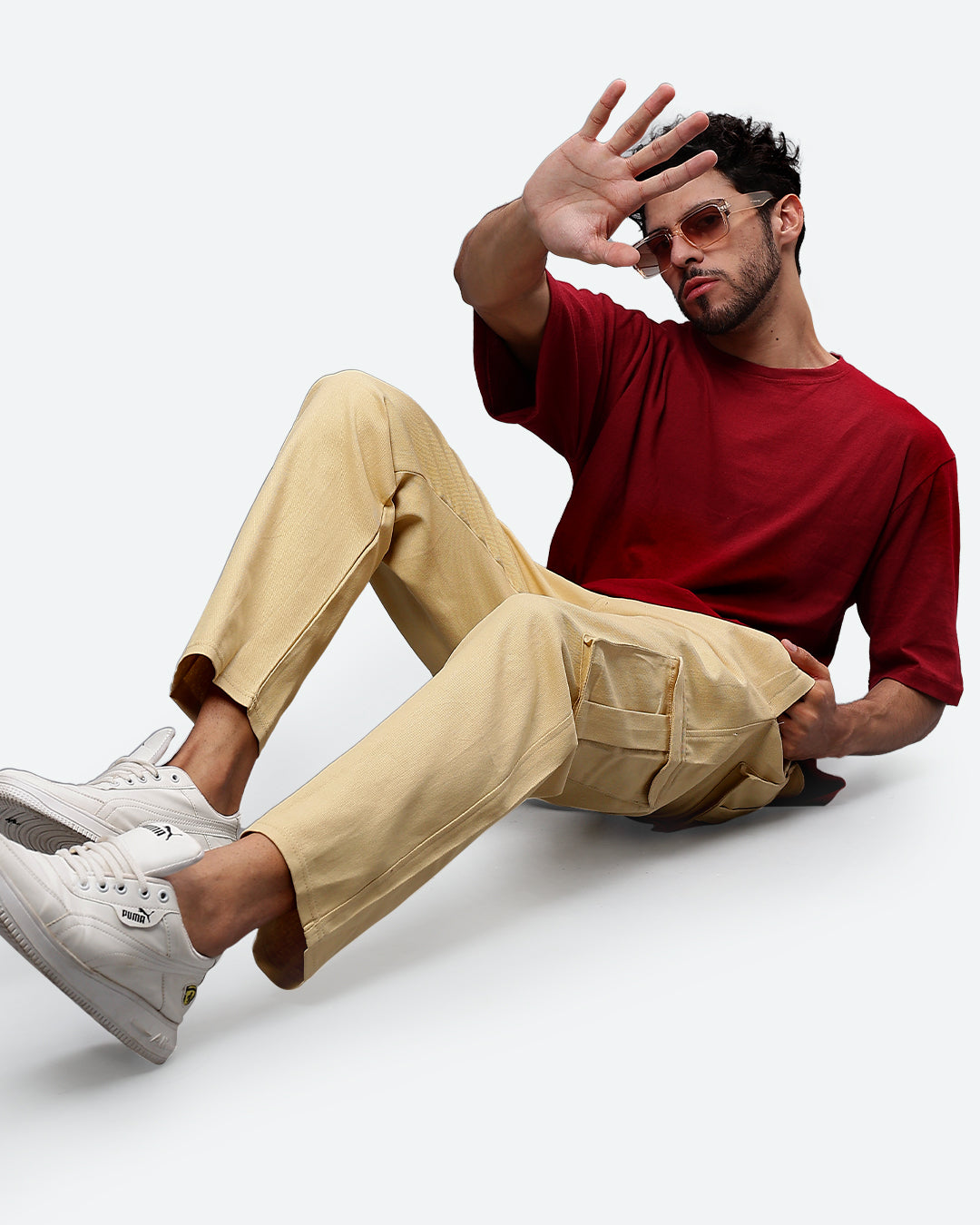 Beige Men Cargo Joggers
