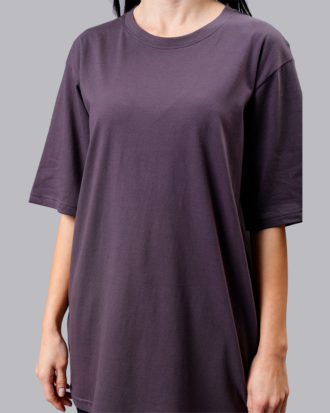 Grey Solid Oversized Women Tshirt
