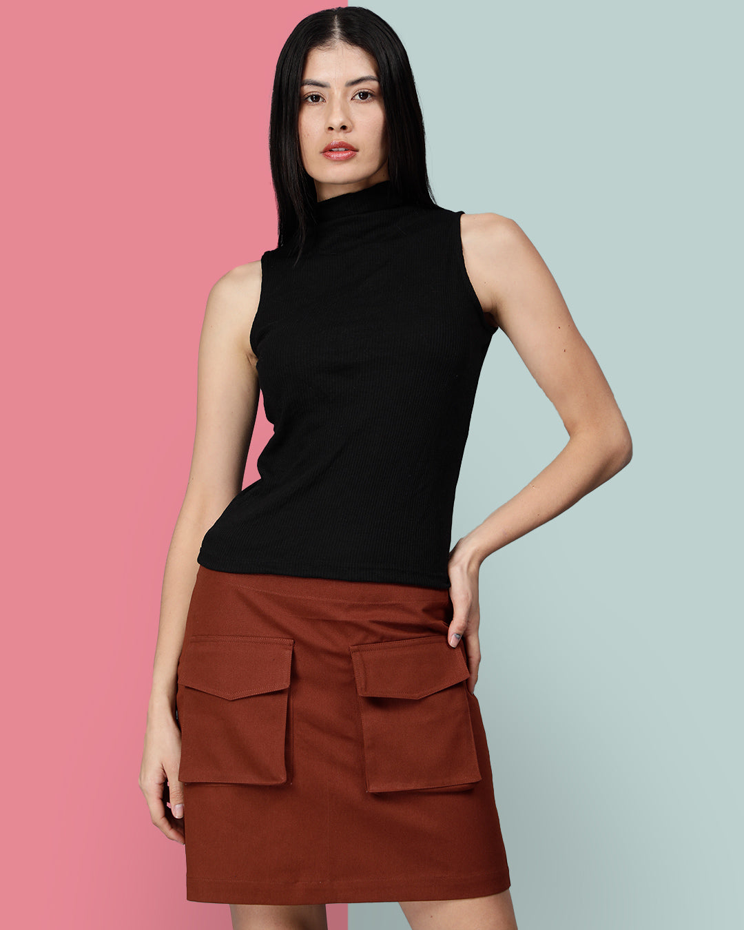 Black Turtle Neck Ribbed Crop Top Women