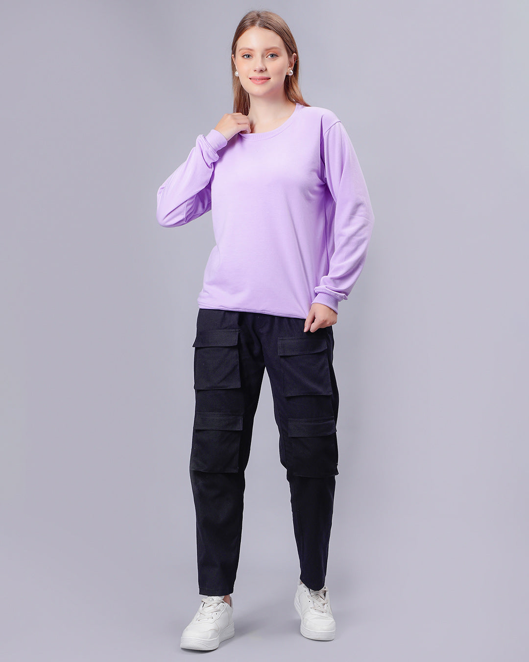 Lavender Solid Women Sweatshirt