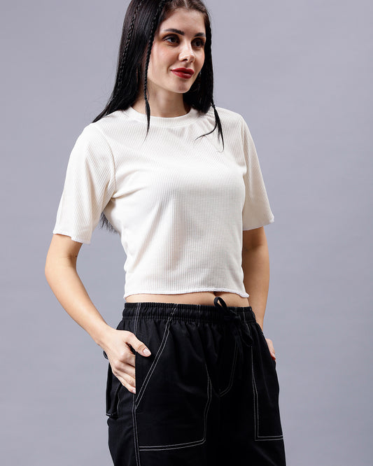 Off White Ribbed Crop Top Women