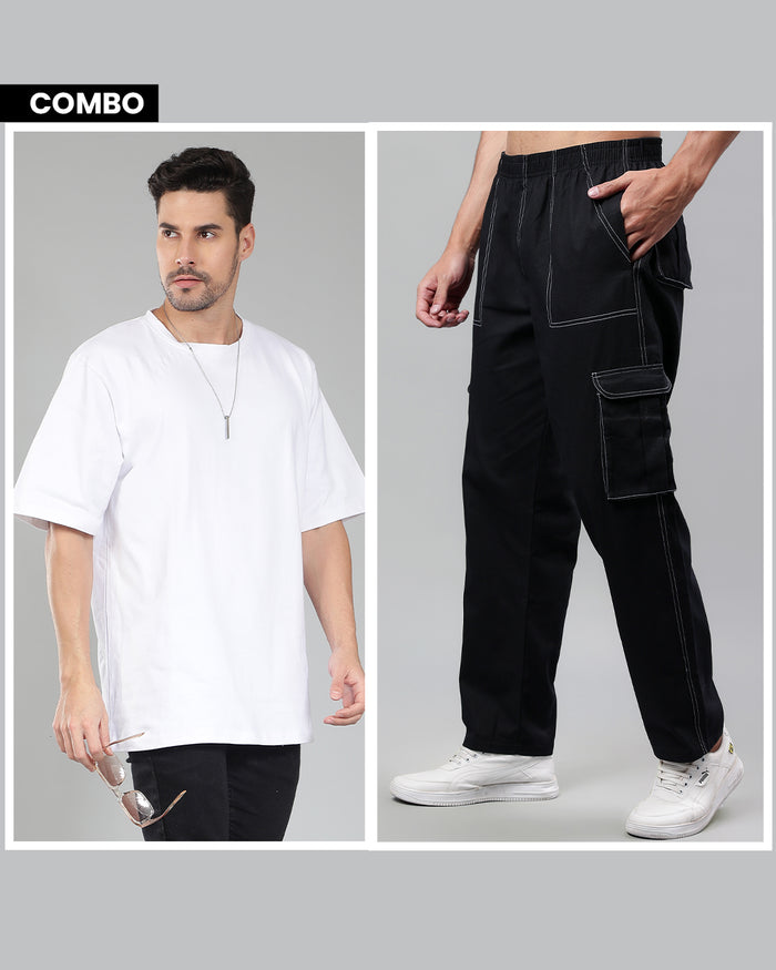 Combo Pack Of 2 | White Oversized T-shirt + Carpenter Cargo