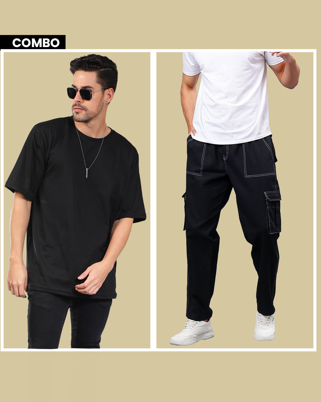 Combo Pack Of 2 | Black Oversized T-shirt + Carpenter Cargo