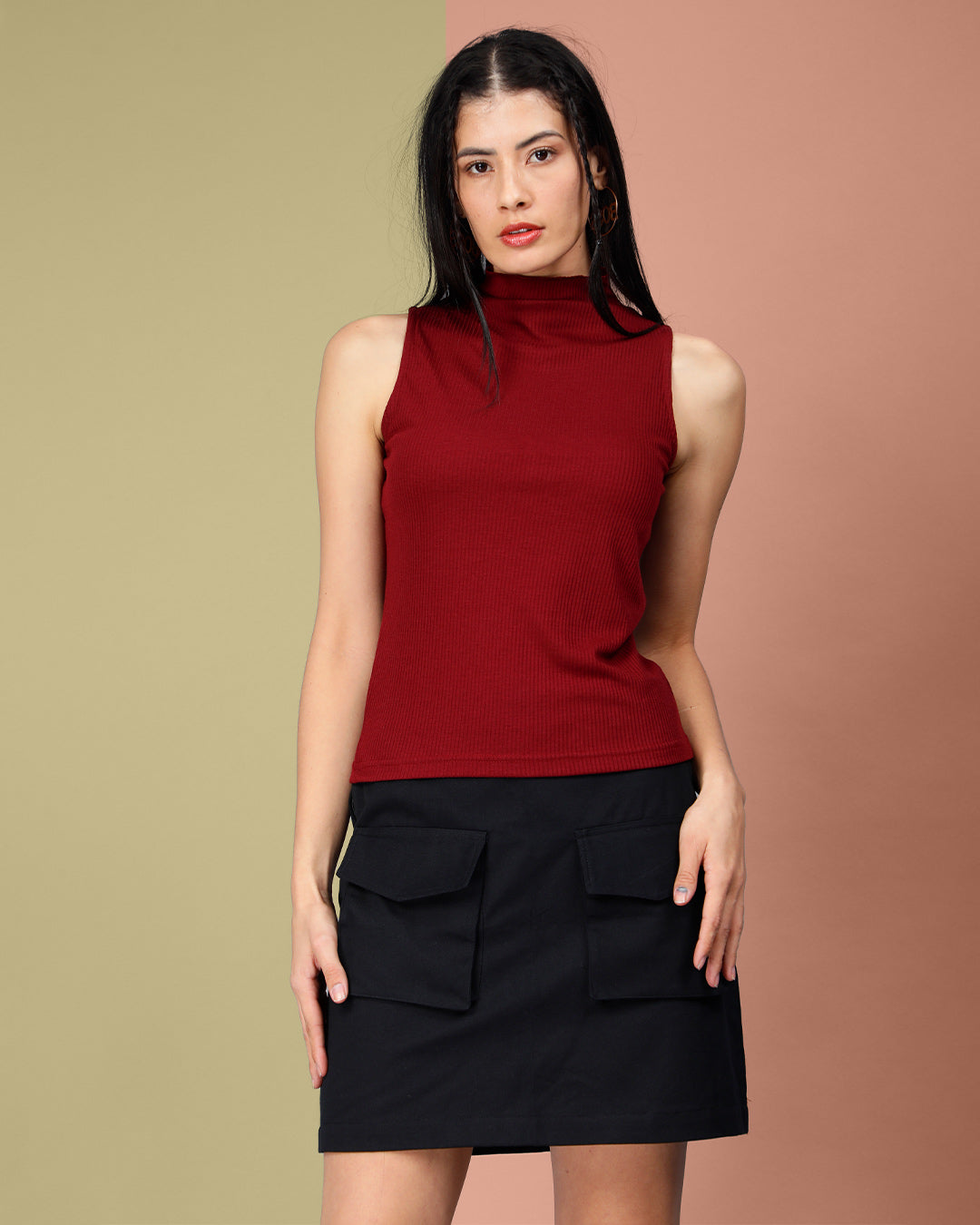 Maroon Turtle Neck Ribbed Crop Top Women