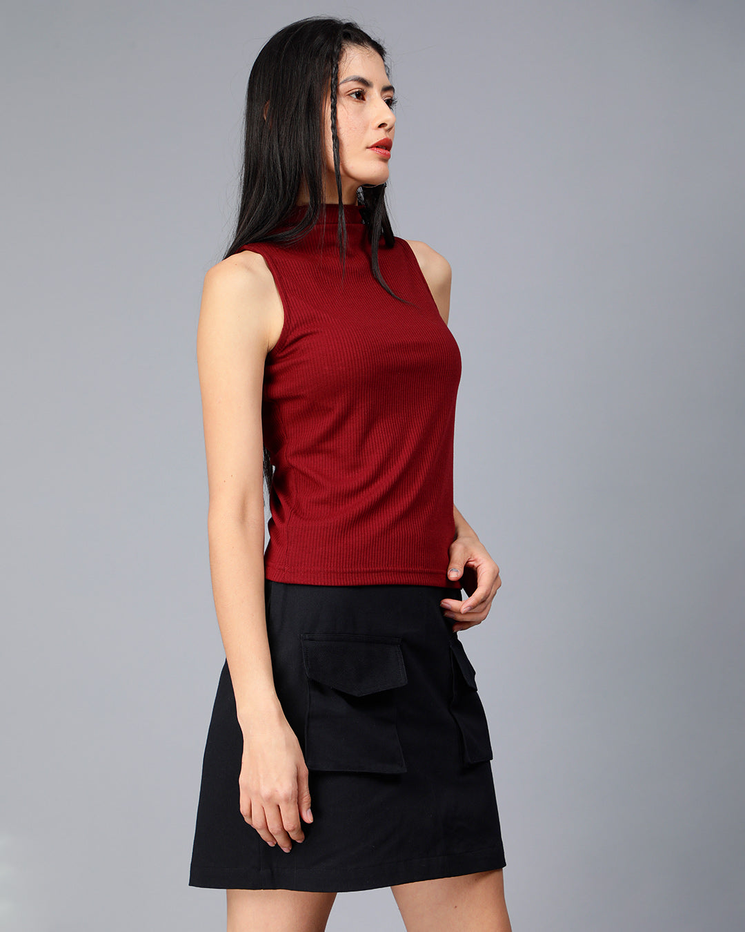 Maroon Turtle Neck Ribbed Crop Top Women