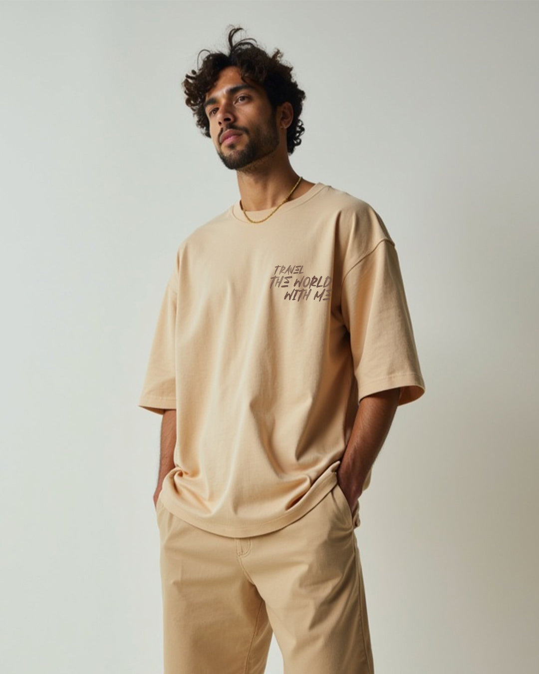 Travel The World Khaki Oversized Men's Tshirt