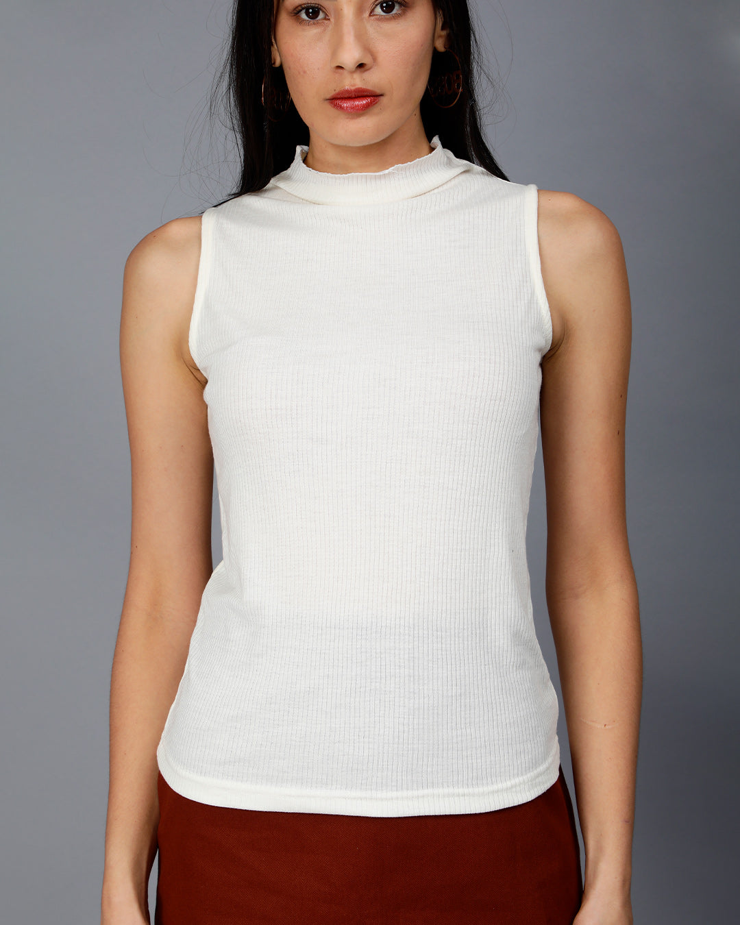 Off White Turtle Neck Ribbed Crop Top Women